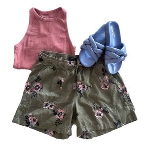 Nwt Nautica Linen Drawstring Shorts in Olive Green and Pink Floral Women’s Small